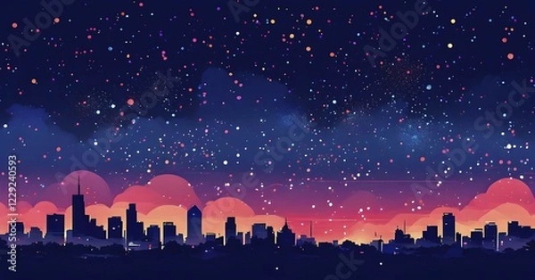 Fototapeta Minimalist, geometric skyline at night, with subtle fireworks in the sky, represented by colorful dots and simple, clean lines, AI generated