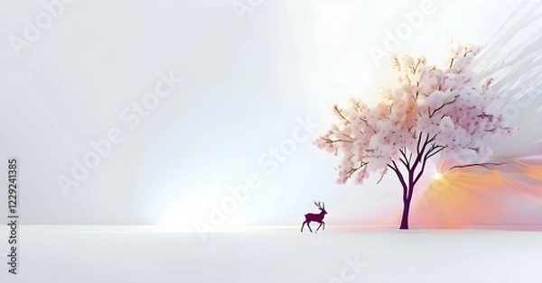 Obraz Abstract minimalist spring scene with a single, sharp silhouette of a deer and of a blooming tree, beautiful sunrise, AI generated