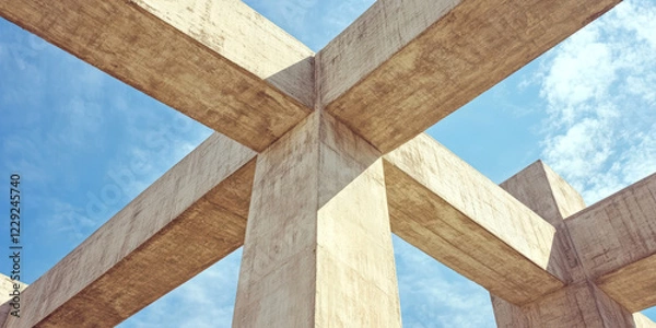 Fototapeta Abstract geometric concrete structure against blue sky with intersecting beams modern architecture design
