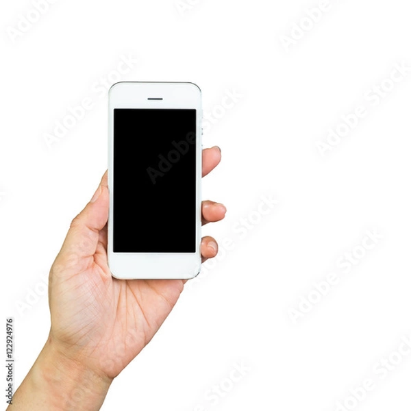 Fototapeta Woman hand holding and using mobile,cell phone,smart phone with isolated screen on white background.
