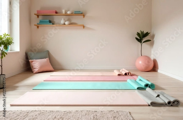 Fototapeta A cozy stretching area where several layers of yoga mats in soft pastel shades are neatly laid out. Soft lighting adds to the calming atmosphere.