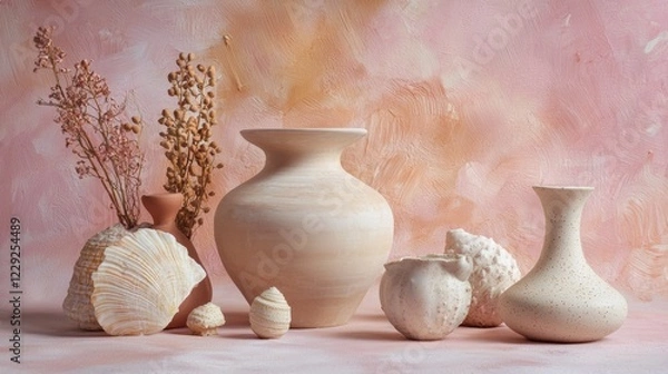 Fototapeta Minimalist ceramic vases with seashells on a soft pink backdrop