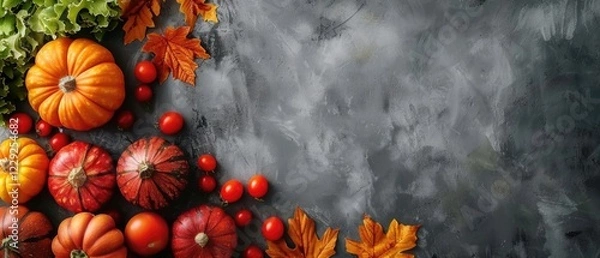 Fototapeta Assorted pumpkins, autumn leaves, and vegetables on a light background. Flat lay composition for autumn design and print. Harvest and Thanksgiving concept. Top down view of various vegetable. AIG55.