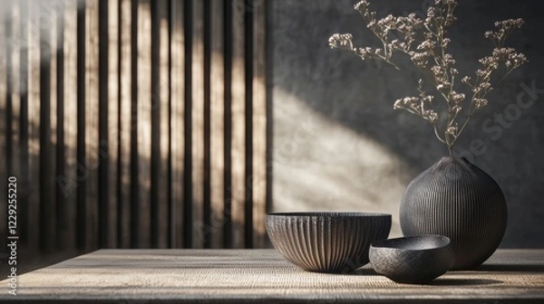 Fototapeta Minimalist composition with ceramic vases and soft shadow play