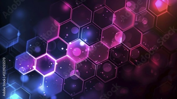 Fototapeta Vibrant purple and blue hexagonal pattern with a neon glow, ai generated, AI generated
