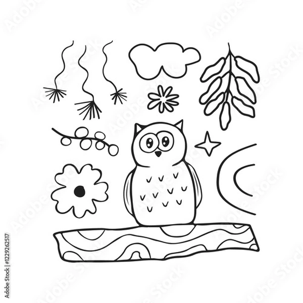 Obraz Cute card with kid scribble doodle. Hand drawn childish funny simple illustration. Owl, flowers and leaves children draw style design