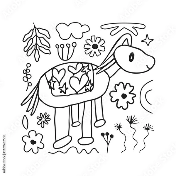 Obraz Cute card with kid scribble doodle. Hand drawn childish funny simple illustration. Horse, flowers and leaves children draw style design
