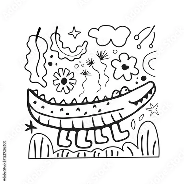 Obraz Cute card with kid scribble doodle. Hand drawn childish funny simple illustration. Crocodile, flowers and leaves children draw style design