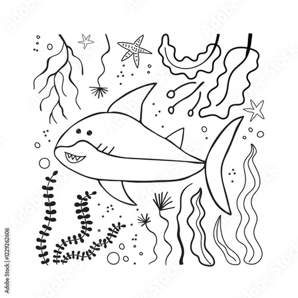 Obraz Cute card with kid scribble doodle. Hand drawn childish funny simple illustration. Shark, seaweed and starfishes children draw style design