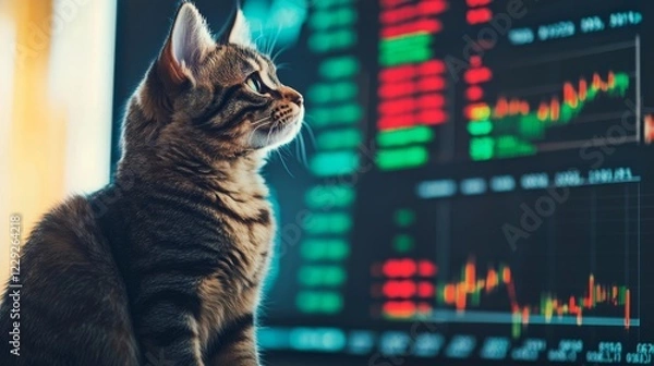 Obraz Cat observes stock market trends on digital screen with colorful charts and graphs in modern workspace
