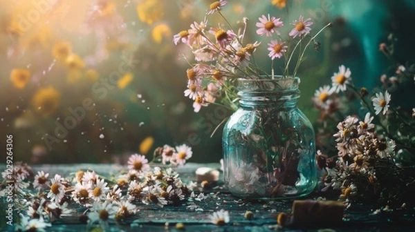 Fototapeta Rustic mason jars with spring flowers