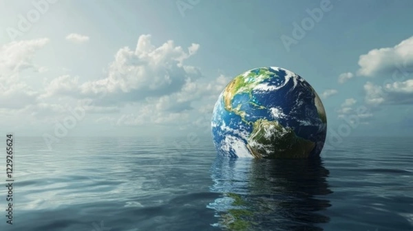 Fototapeta Global perspective of Earth floating on water under a clear sky with clouds, capturing the beauty of nature and our planet's vastness