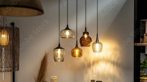 Fototapeta Modern hanging lamps displayed in a showroom, elegantly arranged on a white wall, casting warm ambient lighting.