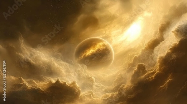 Fototapeta mysterious exoplanet surrounded by swirling gas clouds, with faint traces of alien structures visible on its surface.