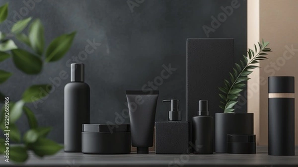 Obraz Minimalist black skincare products with green leaves