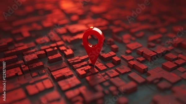 Obraz Location marker stands out in a vibrant red on a detailed map of an urban area at night
