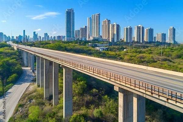 Fototapeta A clear shot of an elevated asphalt road crossing a massive concrete bridge, with a modern, vibrant city  filled with high-rise buildings in the background.