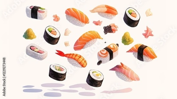 Fototapeta Sushi Rolls are various in the air. Levitation concept. white background, horizontal view