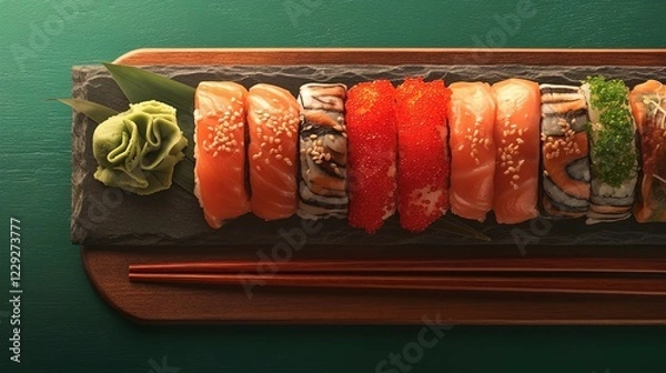 Fototapeta The best view of traditional cuisine. Sushi rolls with salmon, and vegetables served on black table. Food on black stone with chopsticks.