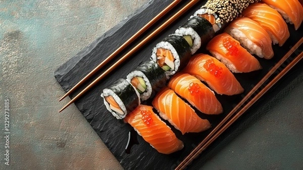 Fototapeta The best view of traditional cuisine. Sushi rolls with salmon, and vegetables served on black table. Food on black stone with chopsticks.