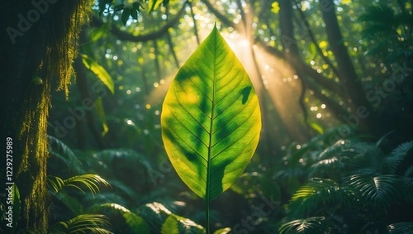 Fototapeta Lush Green Leaf in Sunlit Jungle