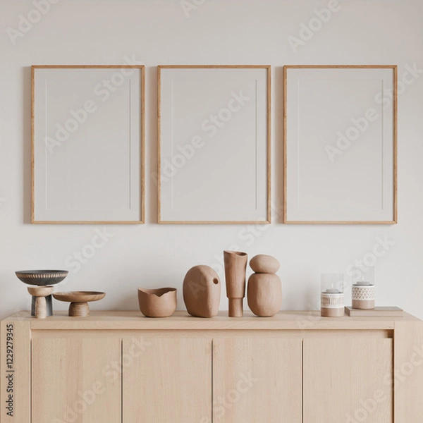Fototapeta Mockup picture frame set, wood poster empty, in home design, homey interior design element cozy three mockup, 3d render.