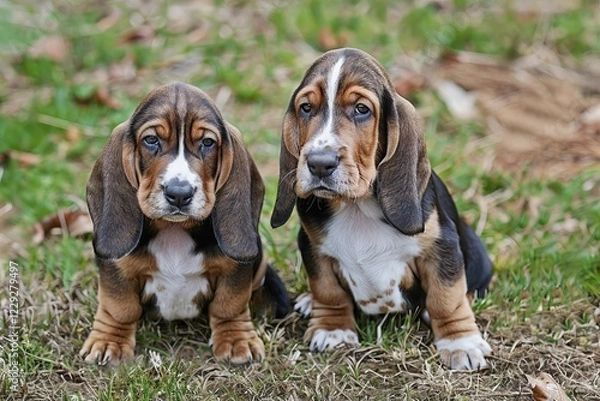 Fototapeta Two cute Basset hound pups seating in the grass, AI generated