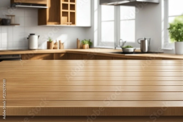 Fototapeta Bright modern kitchen with a clean wooden countertop and sunlight streaming through windows, AI generated