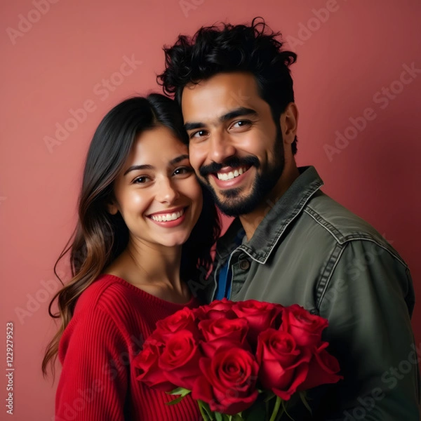 Fototapeta A happy Indian couple in love, hugging, a girl has a bouquet of flowers in her hands, a gift for an event, a valentine's Day celebration or a meeting.