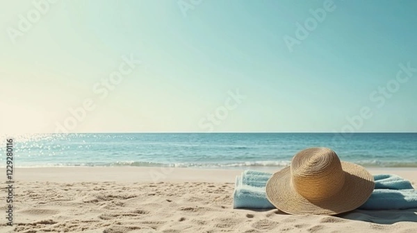 Obraz Soft Towels and Sunhat on Sandy Beach Ready for a Relaxing Day Under the Sun