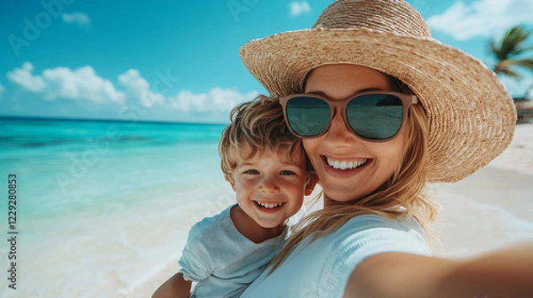 Fototapeta Joyful Mom and Son Taking Selfies Together on a Tropical Beach Under Bright Clear Sky