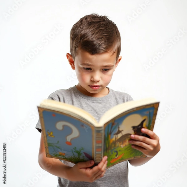 Fototapeta Un niño lindo de 6 años está leyendo un libro. Un niño que se centra en el libro. Estudiantes inteligentes de primaria.