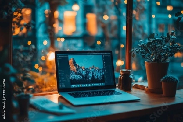 Fototapeta laptop with photo editing software displaying a mountain landscape image, sitting on a wooden desk by a window with plants and warm string lights