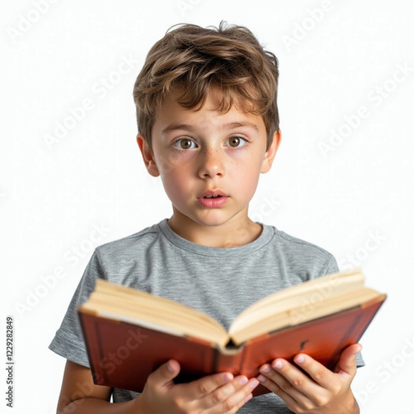Fototapeta Un niño lindo de 8 años tiene una expresión que le hace tener curiosidad mientras leía el libro. Un chico encantador.