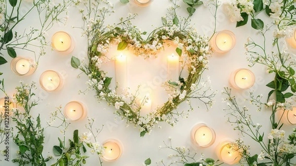 Fototapeta Heart Shaped Floral Wreath With Lit Candles On White Background