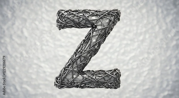 Fototapeta Artistic wireframe letter Z made of tangled metal wires on a white background, representing abstract typography, industrial design, creative lettering, and modern 3D digital art  
