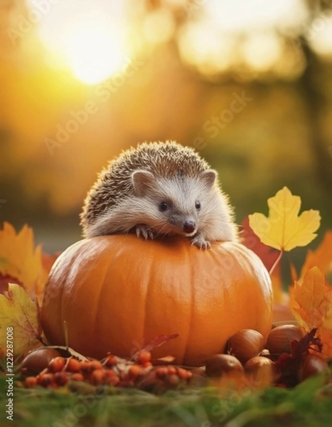 Fototapeta Closeup cute hedgehog lying on a pumpkin among colorful autumn leaves, nuts and berries. Fall season conceptual background. AI Generated, AI generated