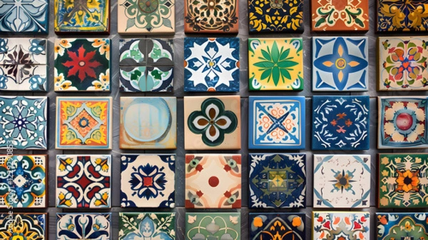 Fototapeta A Mesmerizing Array of Ornamental Tiles Featuring Intricate Patterns, Vibrant Colors, and Exquisite Craftsmanship, Perfect for Elevating Any Space with Timeless Beauty and Artistry