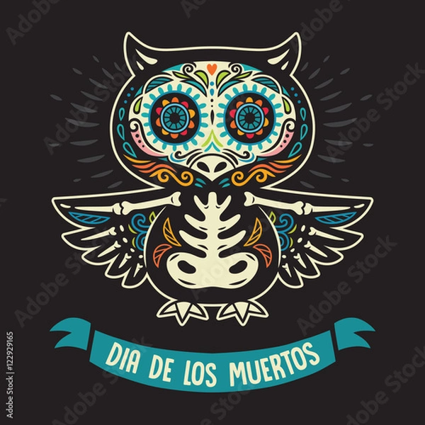 Fototapeta Greeting card with owl, skeletons and floral ornament. Vector illustration