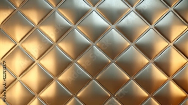 Fototapeta Elegant diamond-shaped metal tiles, transitional gradient from platinum to warm gold finish, perfectly symmetrical geometric pattern, quilted luxury texture, professional lighting with angled