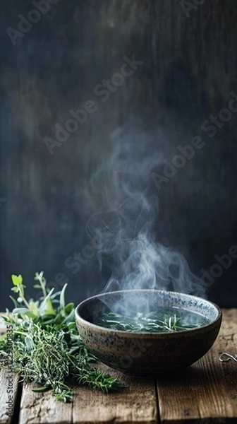 Fototapeta A steaming bowl of soup on a rustic wooden table, surrounded by fresh herbs. picture