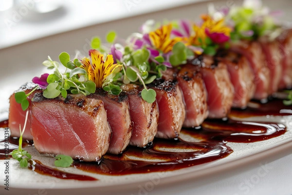 Fototapeta High-end plating of tuna tataki with artistic garnishes, ideal for luxury dining settings.