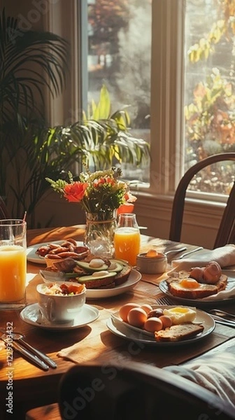 Fototapeta A sunlit dining table set with avocado toast, eggs, and fresh juice. picture