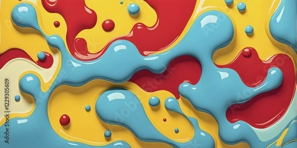 Fototapeta Abstract image with vibrant blue and red blobs and liquid shapes on a yellow background, AI generated