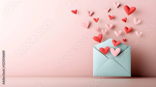 Obraz letter envelope with papier origami heart shaped confetti on pastel background. Festive romantic and love concept. Valentines or anniversary day background for greeting card, banner with copy space.