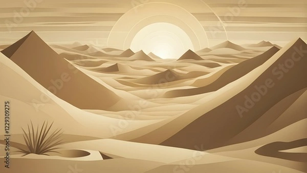 Fototapeta Abstract desert scene with triangular sand dunes and a single circular sun, using sharp lines and subtle gradients in neutral earth tones, AI generated