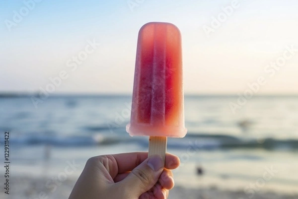 Obraz Hand holding ice popsicle at beach. KI generiert, generiert, AI generated