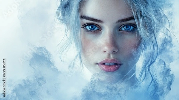 Fototapeta Ethereal Ice Princess with Mesmerizing Blue Eyes – Dreamy Ethereal Ice Princess Portrait, Close-Up Ethereal Ice Princess Face, Fantasy Ethereal Ice Princess Art