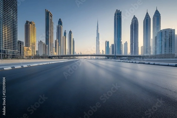Obraz A serene cityscape featuring a smooth asphalt road and a towering bridge, surrounded by minimalist, reflective skyscrapers, captured during the early morning light.