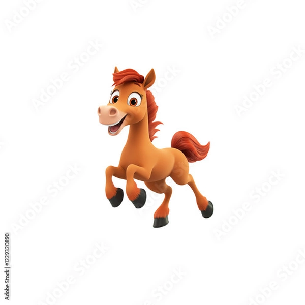 Fototapeta Cute cartoon horse, jumping pose, white background